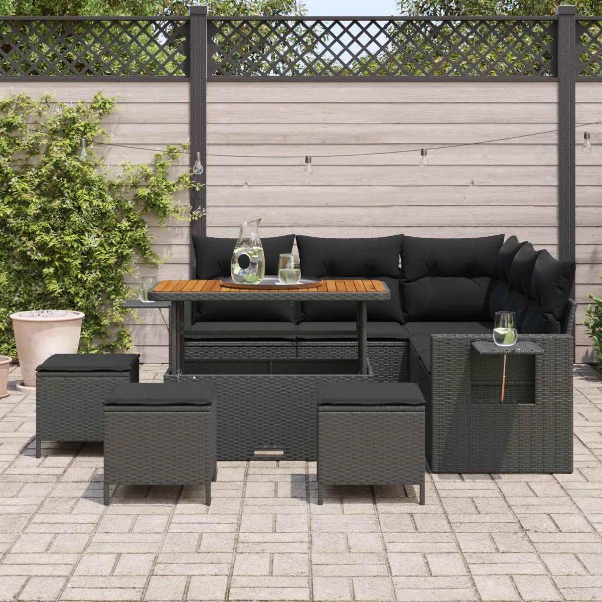 Modular Garden Sofa Set Black Poly Rattan 9 Pieces Outdoor Furniture