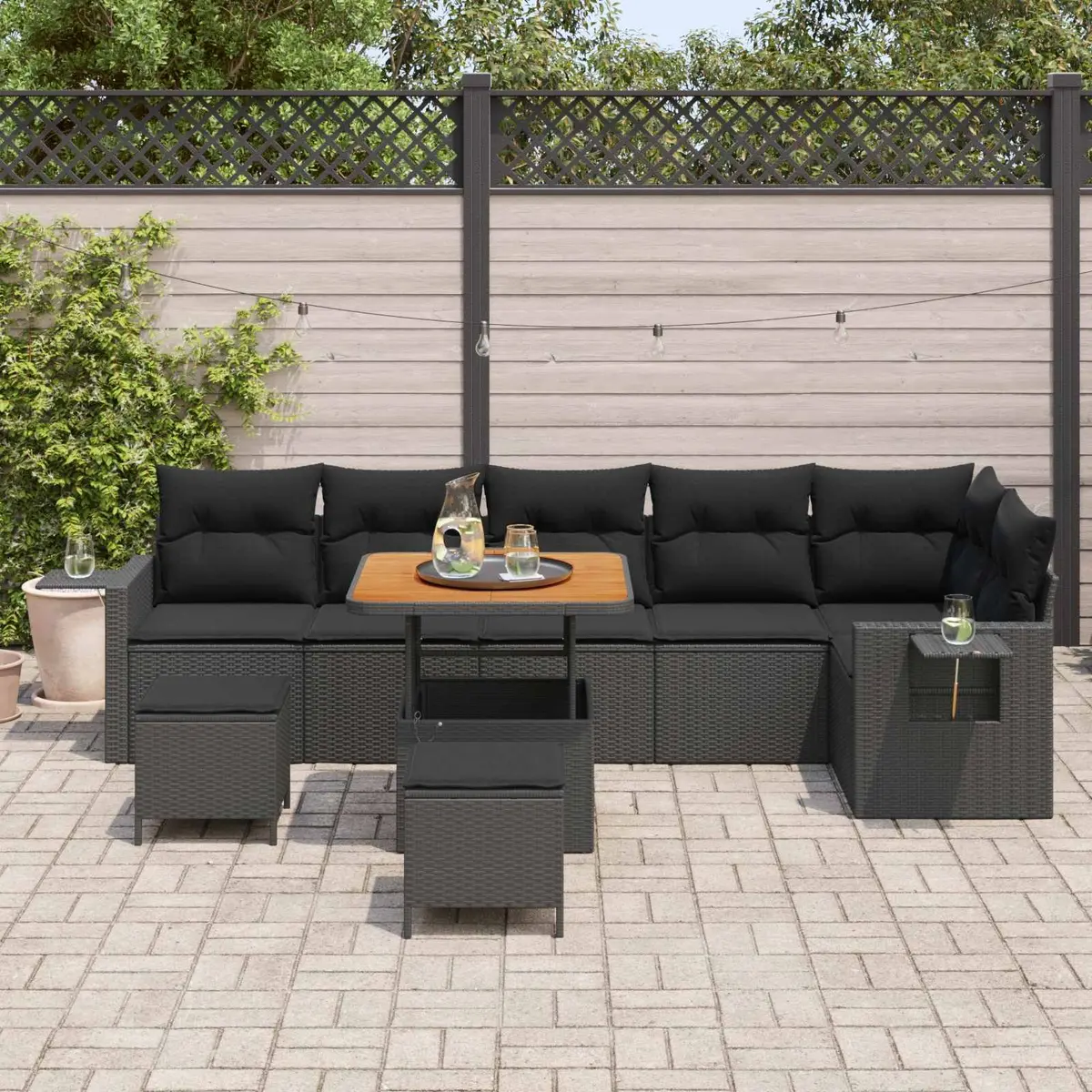 9PieceHeightAdjustableModularGardenSofaSetBlackPolyRattanOutdoorFurniture