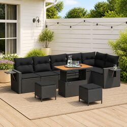 Garden Sofa Set 9 pcs Height-Adjustable Outdoor Furniture Black Poly Rattan