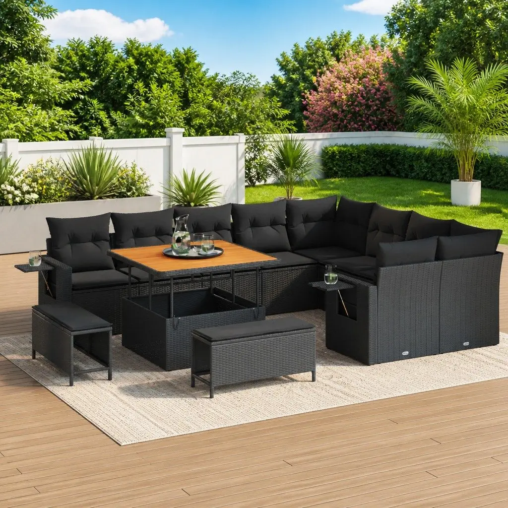 Black Garden Sofa Set Height-Adjustable 12 Pieces Poly Rattan Outdoor Furniture