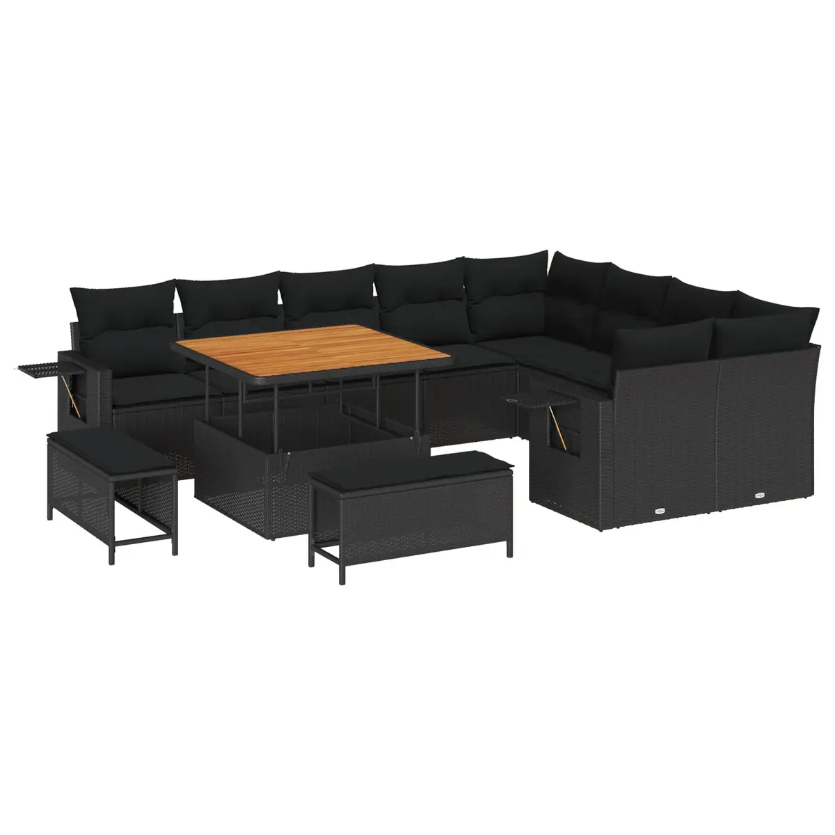 Black Garden Sofa Set Height-Adjustable 12 Pieces Poly Rattan Outdoor Furniture