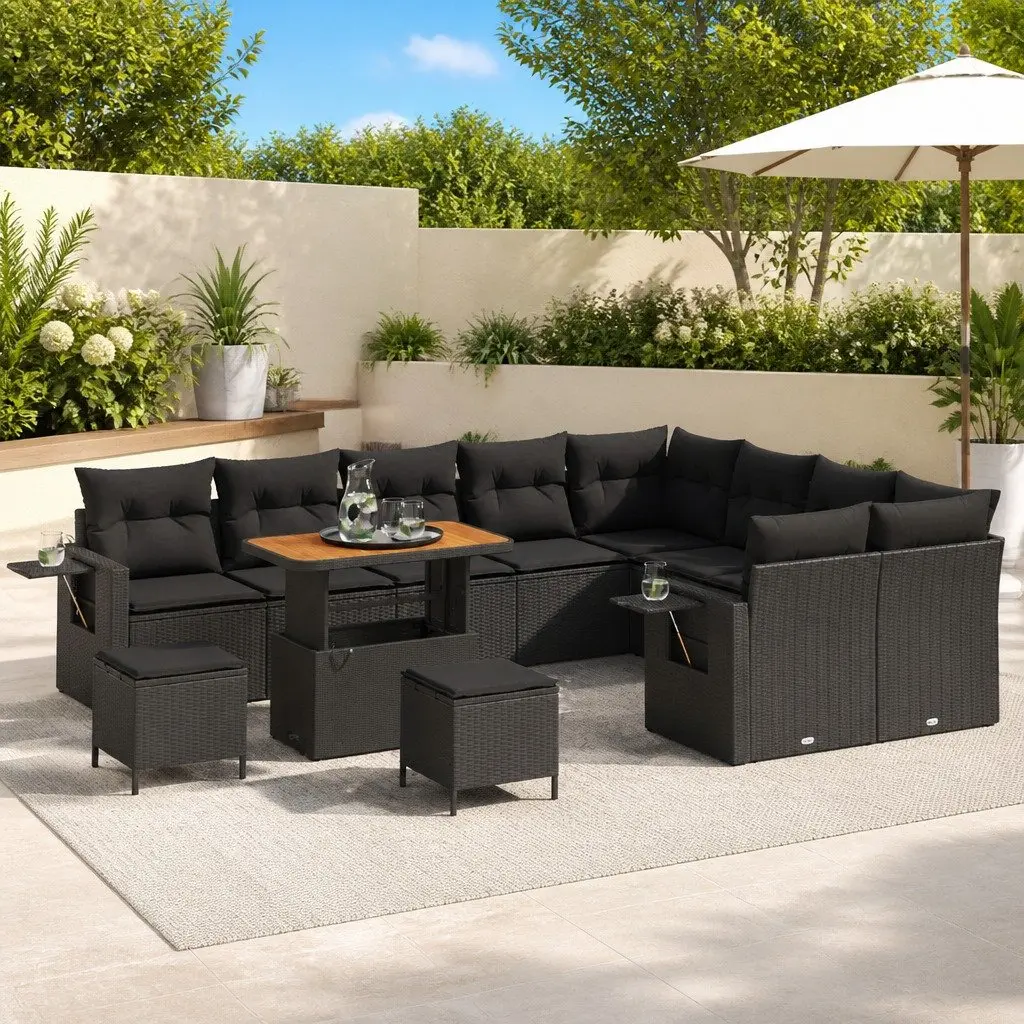 Garden Sofa Set Height-Adjustable 12 Pieces Black Poly Rattan Outdoor Furniture