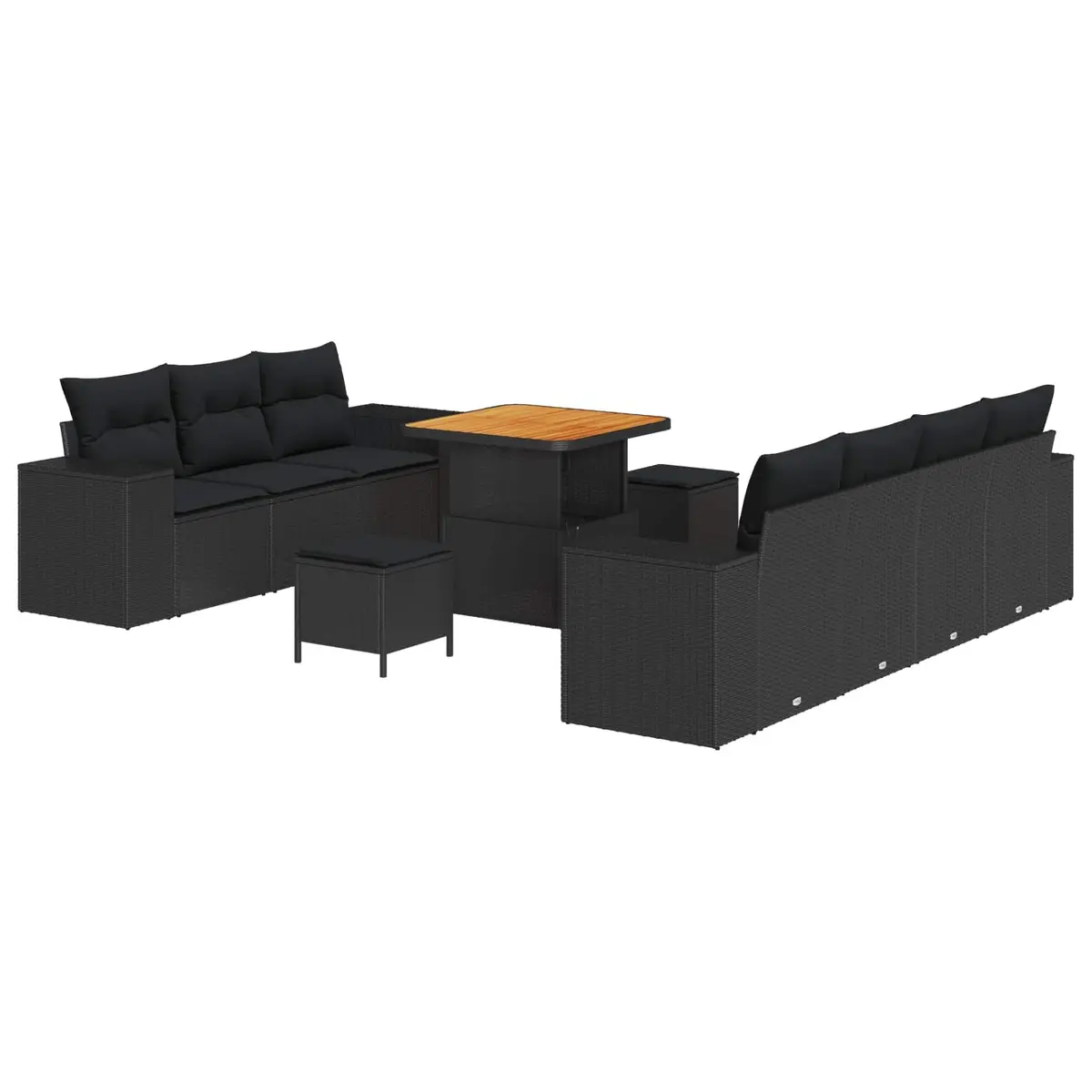 Height-Adjustable Modular Sofa Set 10 Piece Black Poly Rattan Acacia Wood Outdoor Furniture