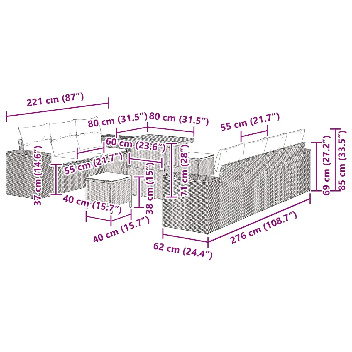 Height-Adjustable Modular Sofa Set 10 Piece Black Poly Rattan Acacia Wood Outdoor Furniture