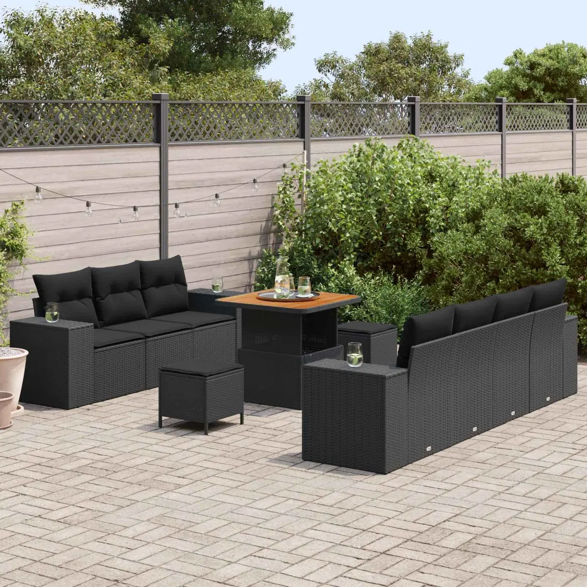Height-Adjustable Modular Sofa Set 10 Piece Black Poly Rattan Acacia Wood Outdoor Furniture