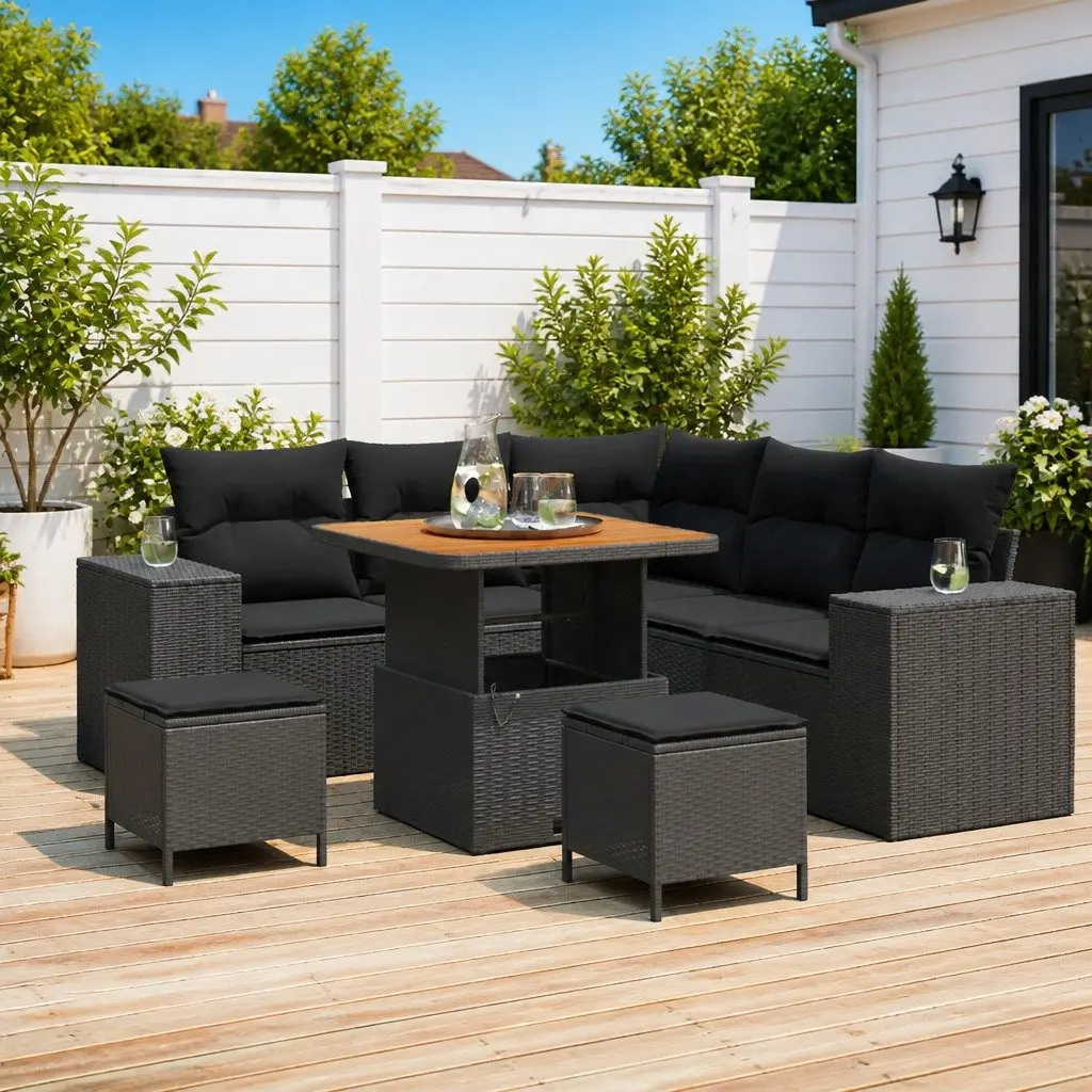 Modular Outdoor Furniture Garden Sofa Set 8 Piece Black Poly Rattan