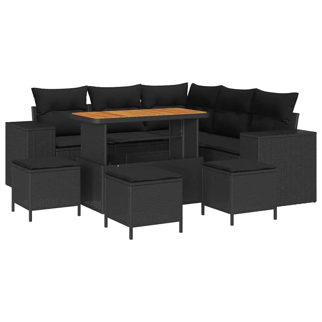 Modular Outdoor Furniture 9 Piece Black Poly Rattan Garden Sofa Set with Cushions