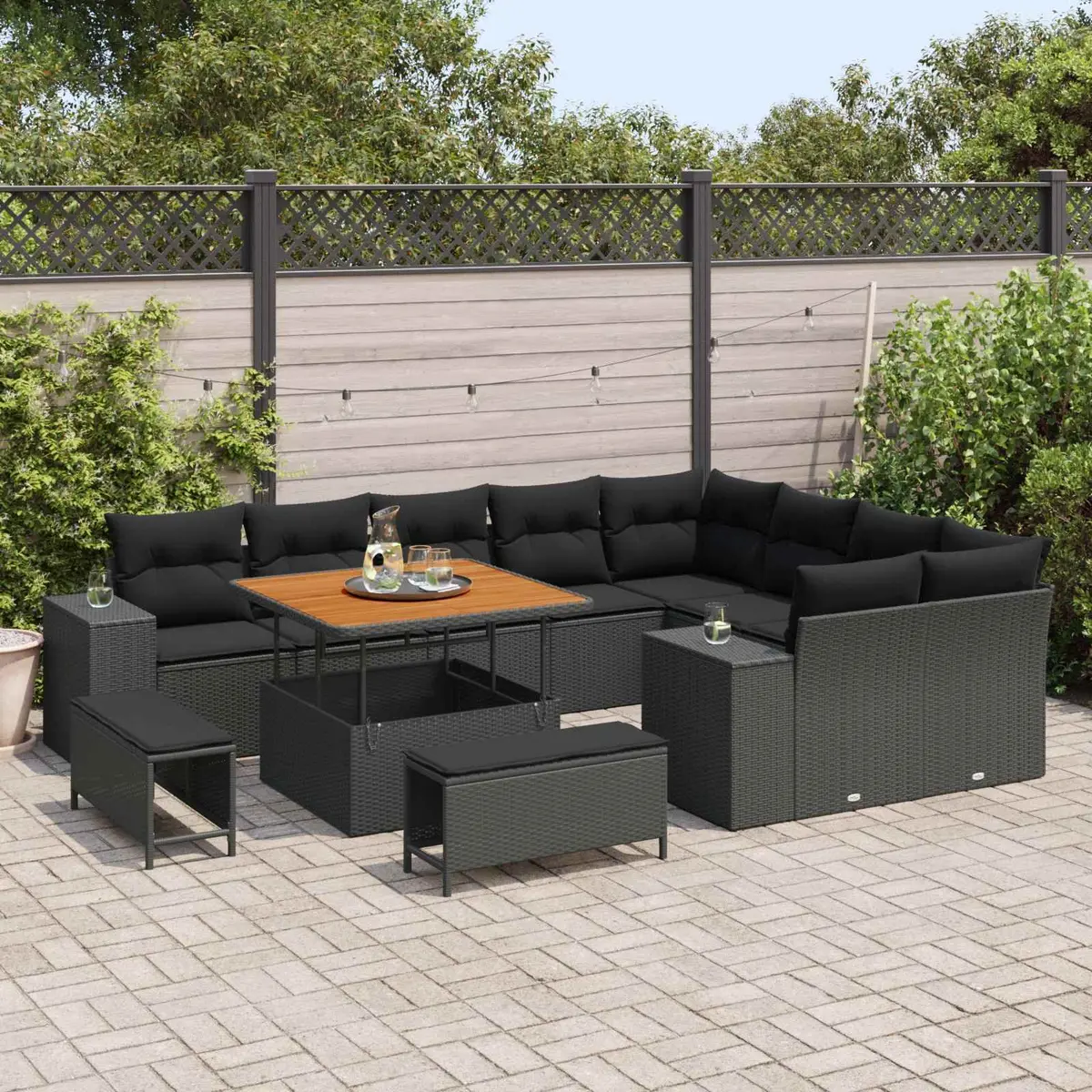 Modular Outdoor Sofa Set Black 12 Piece Garden Lounge and Dining Furniture