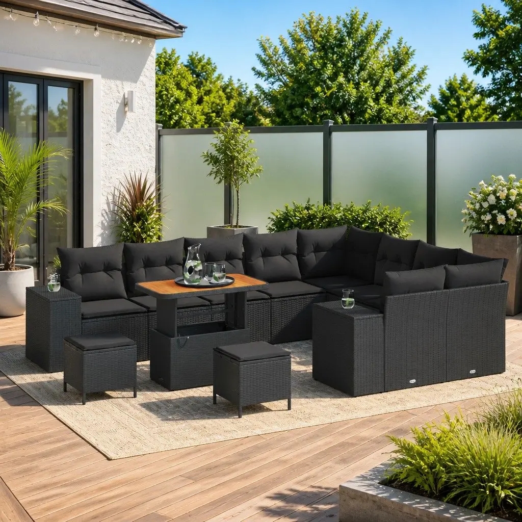 Modular Outdoor Lounge Dining Sofa Set Black Poly Rattan 12 Piece