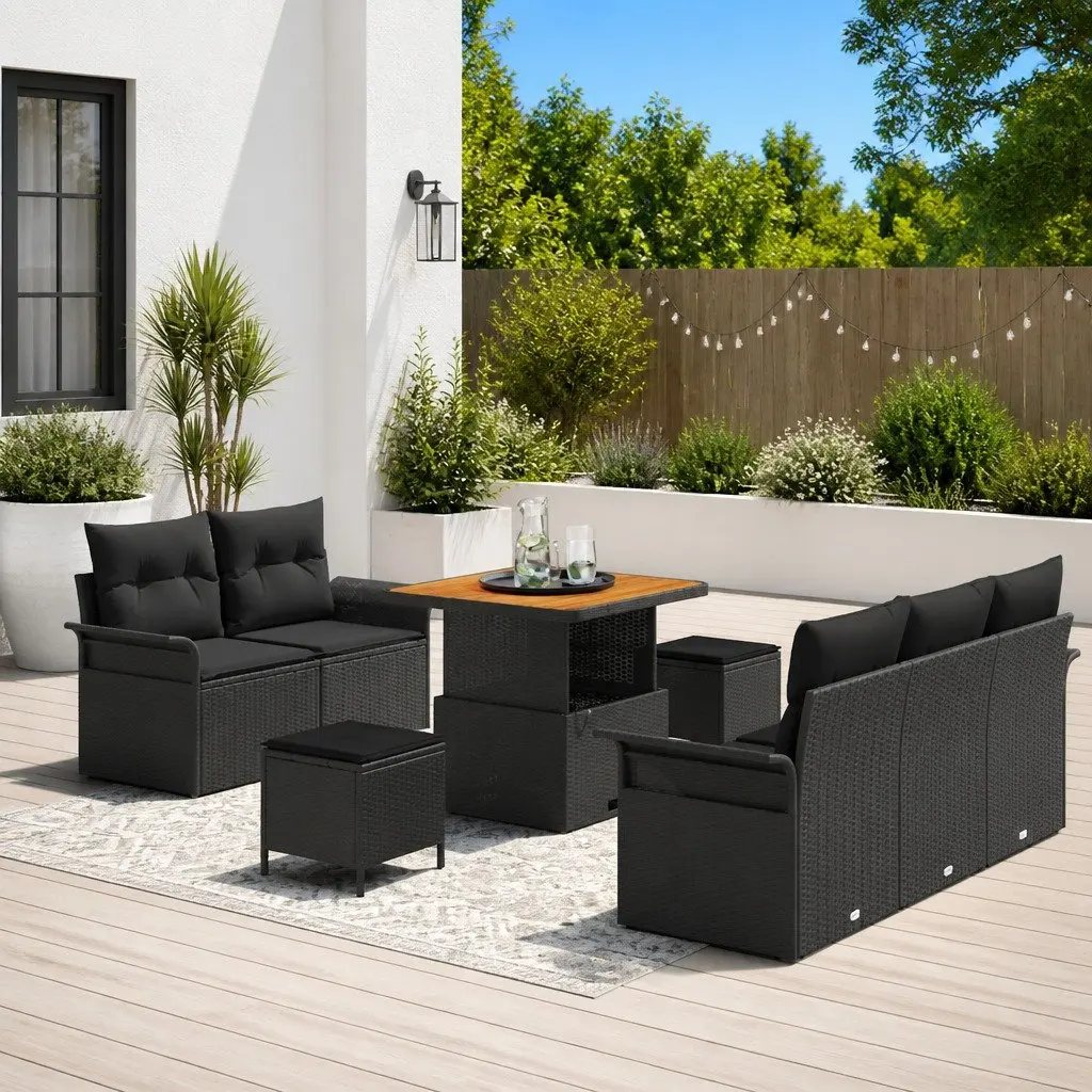 Garden Sofa Set 8 Piece Outdoor Furniture Black Poly Rattan Modular Patio Lounge