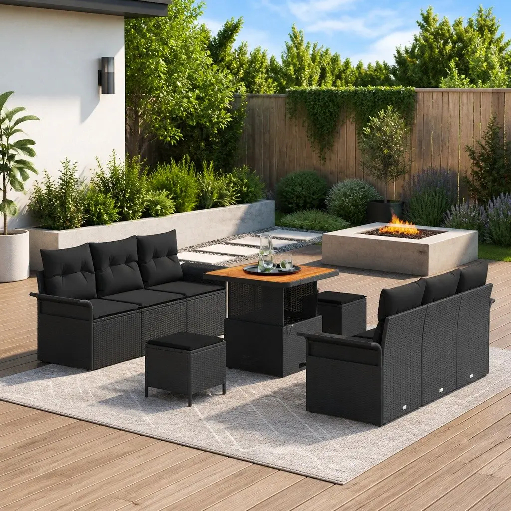 Modular Garden Sofa Set 9 Piece Black Poly Rattan Outdoor Lounge Furniture