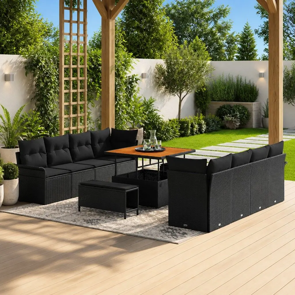 Outdoor Garden Sofa Set 11 Piece Black Poly Rattan Modular Lounge Furniture