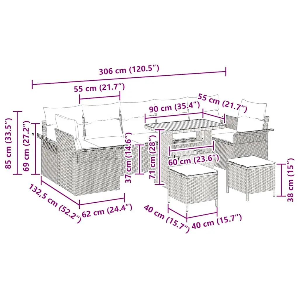 10 Piece Modular Garden Sofa Set Outdoor Furniture Black Poly Rattan with Adjustable Table