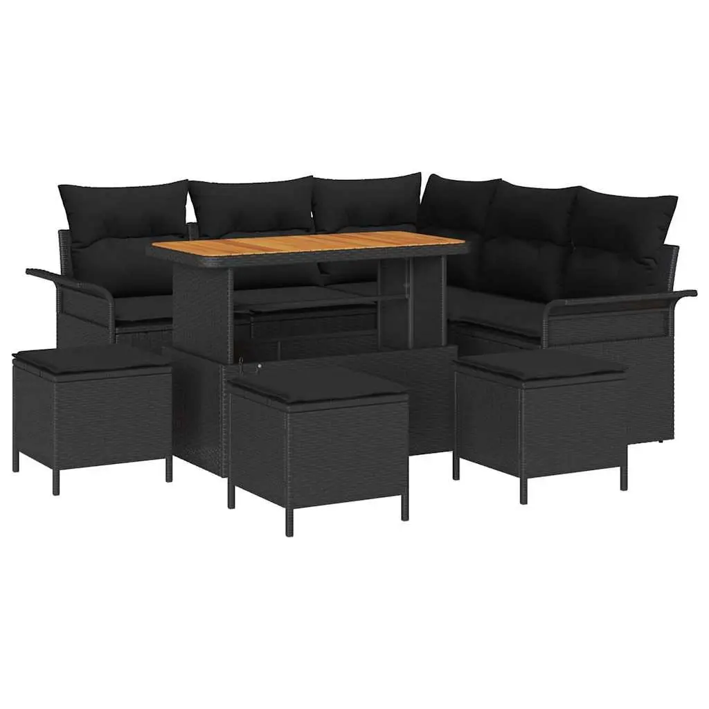 Outdoor Garden Sofa Set 9 Piece Black Poly Rattan Adjustable Tabletop Acacia Wood Frame