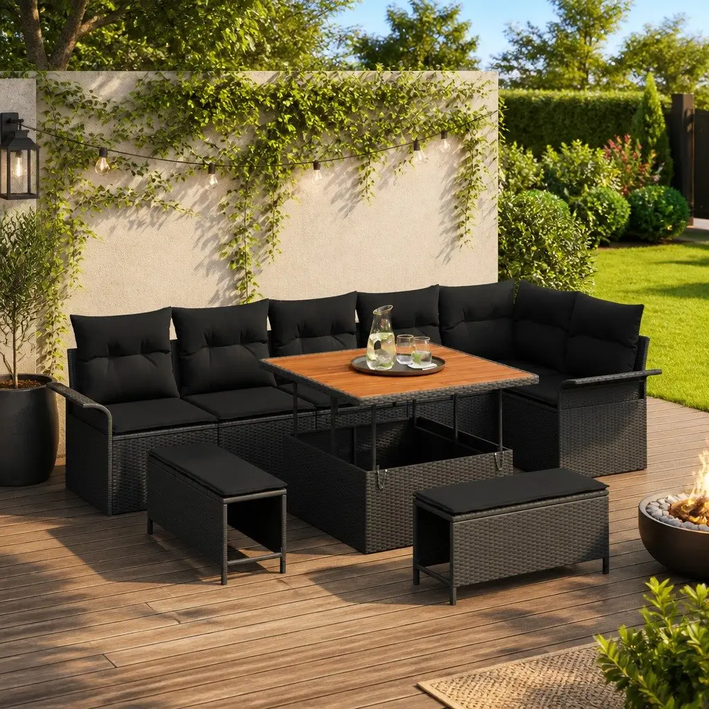 Garden Sofa Set 9 pcs Black Poly Rattan Outdoor Furniture with Cushions Modular