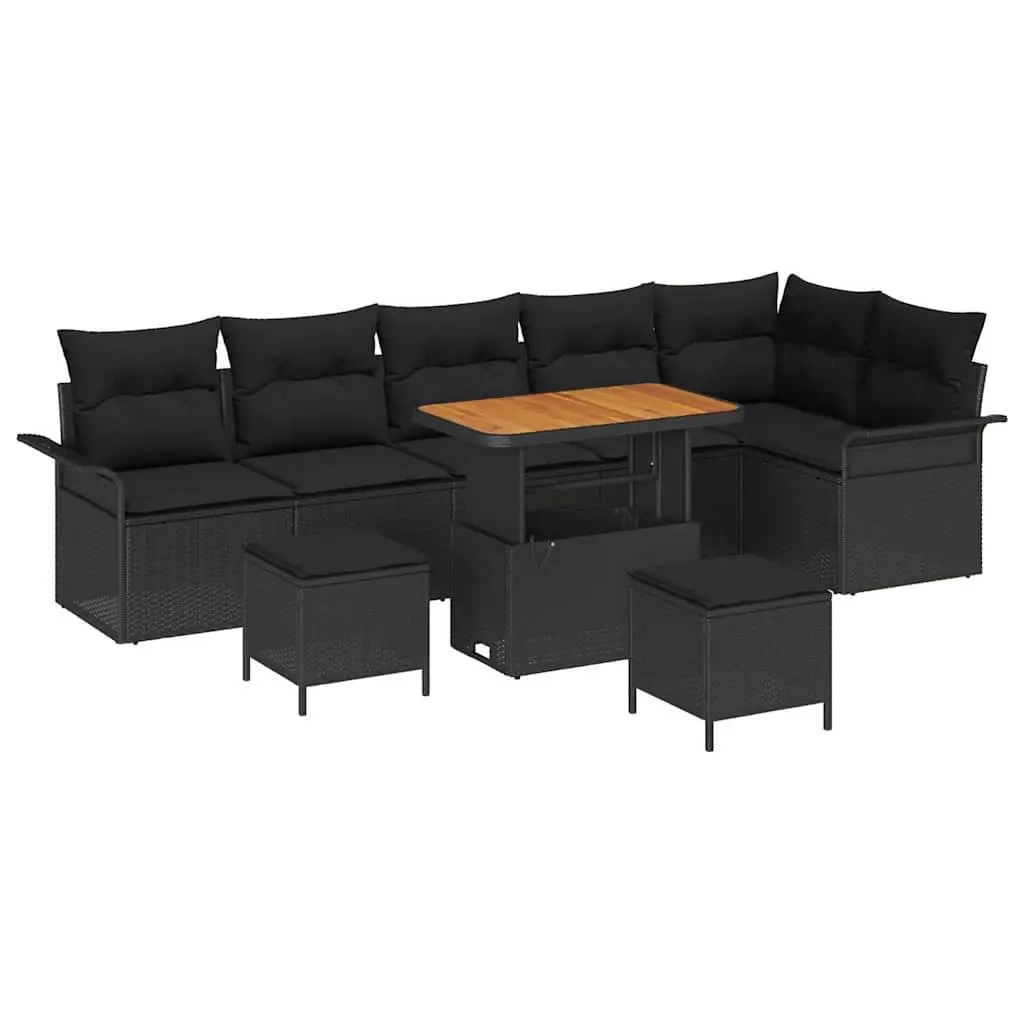9 Piece Modular Outdoor Garden Sofa Set Black Poly Rattan Acacia Wood Frame
