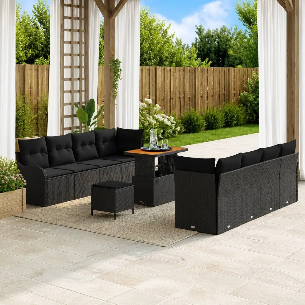 Modular Outdoor Sofa Set 11 Piece Black Poly Rattan with Cushions and Acacia Wood Frame