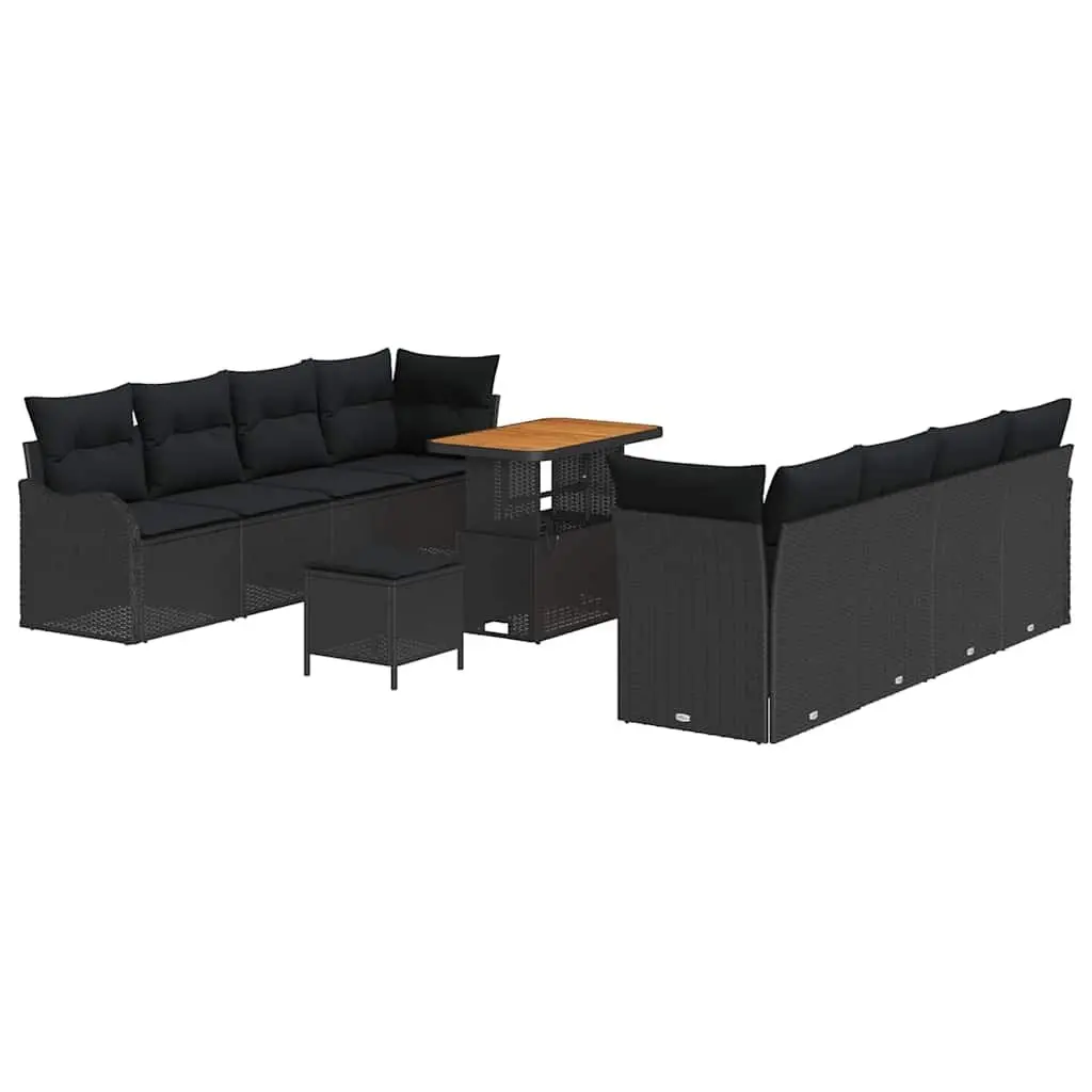 Modular Outdoor Sofa Set 11 Piece Black Poly Rattan with Cushions and Acacia Wood Frame