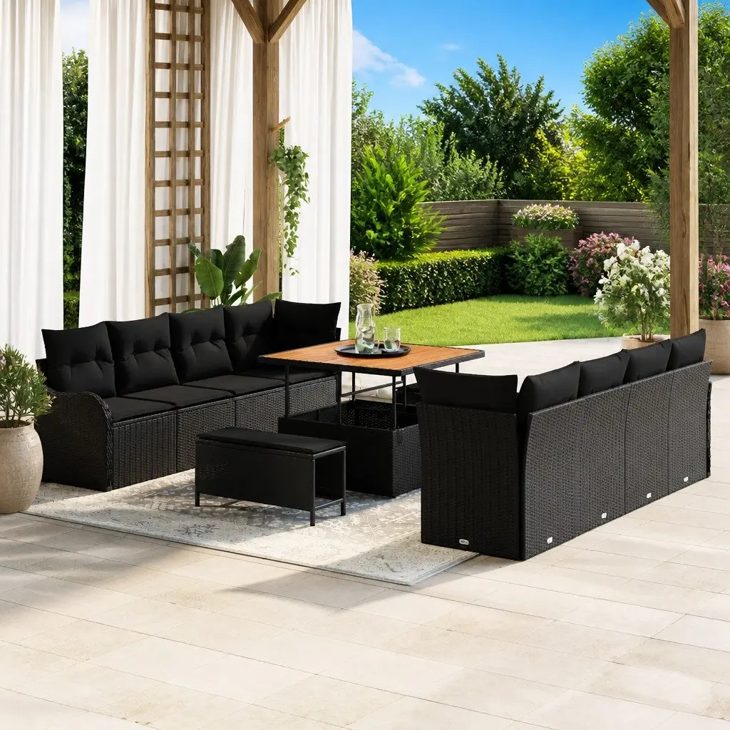 Modular Outdoor Garden Sofa Set 11pcs Black Poly Rattan with Solid Acacia Wood Frame