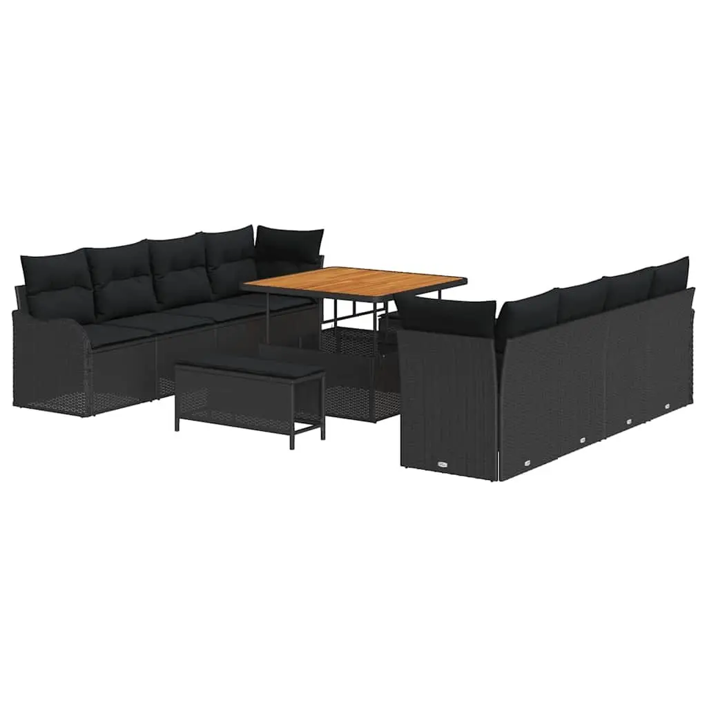 Modular Outdoor Garden Sofa Set 11pcs Black Poly Rattan with Solid Acacia Wood Frame