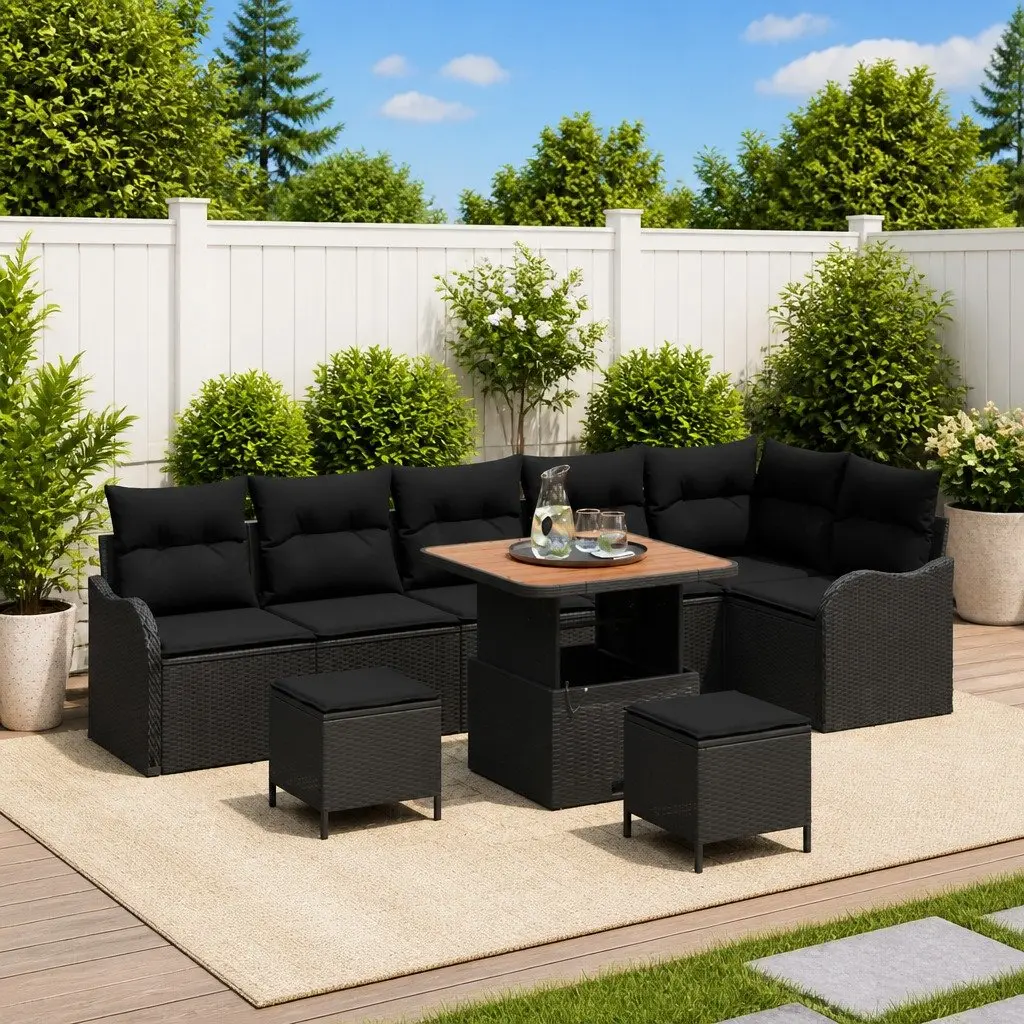 Garden Sofa Set Modern Black Poly Rattan 9 Piece Outdoor Furniture