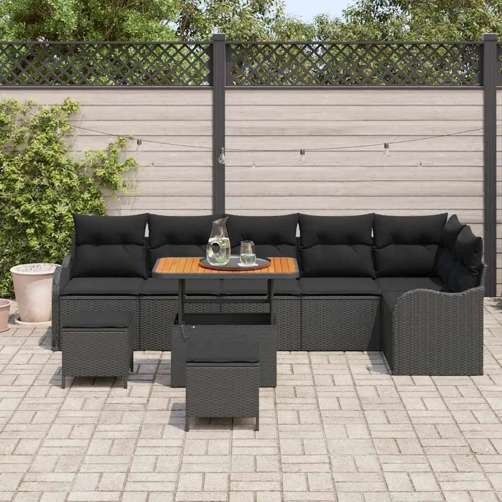 Modular Outdoor Furniture Set 9 Piece Black Poly Rattan Garden Sofa with Solid Acacia Wood