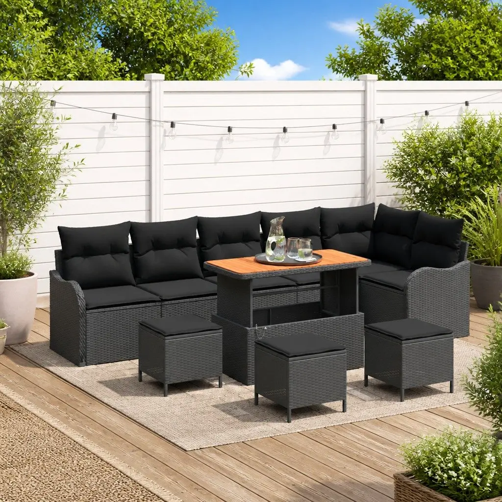 10 Piece Modular Outdoor Lounge Set Black Poly Rattan Garden Sofa with Removable Cushions and Adjustable Tabletop