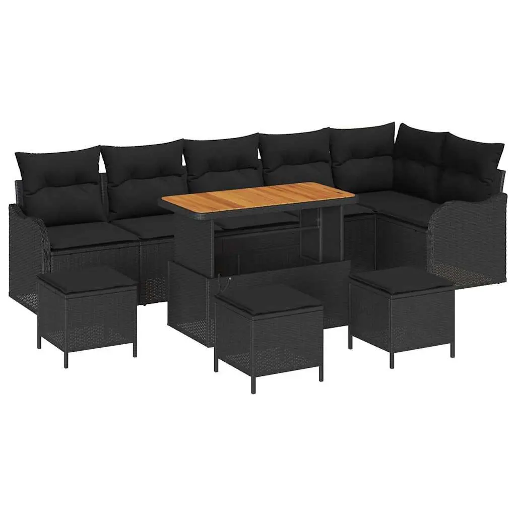 10 Piece Modular Outdoor Lounge Set Black Poly Rattan Garden Sofa with Removable Cushions and Adjustable Tabletop