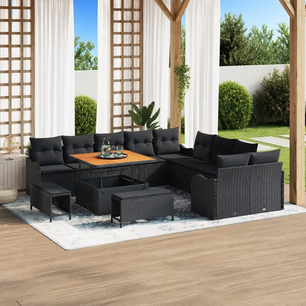 Outdoor Furniture Set Modern 13 Piece Height-Adjustable Black Poly Rattan Garden Sofa