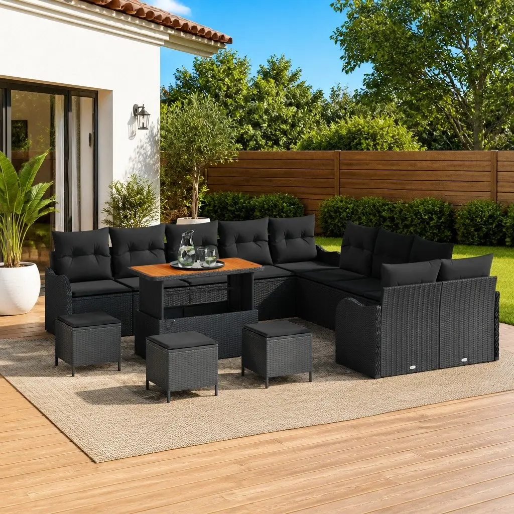 Garden Sofa Set Black Poly Rattan 14 Piece Outdoor Furniture with Cushions