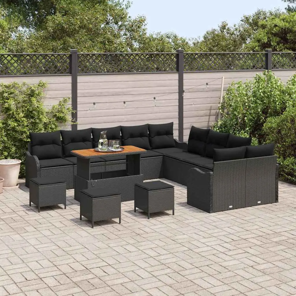 Garden Sofa Set Black Poly Rattan 14 Piece Outdoor Furniture with Cushions