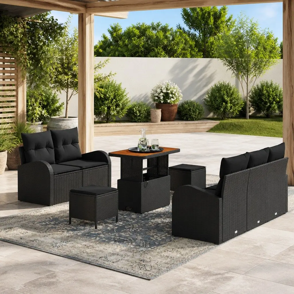 8 Piece Outdoor Furniture Set Black Poly Rattan with Cushions for Patio Garden