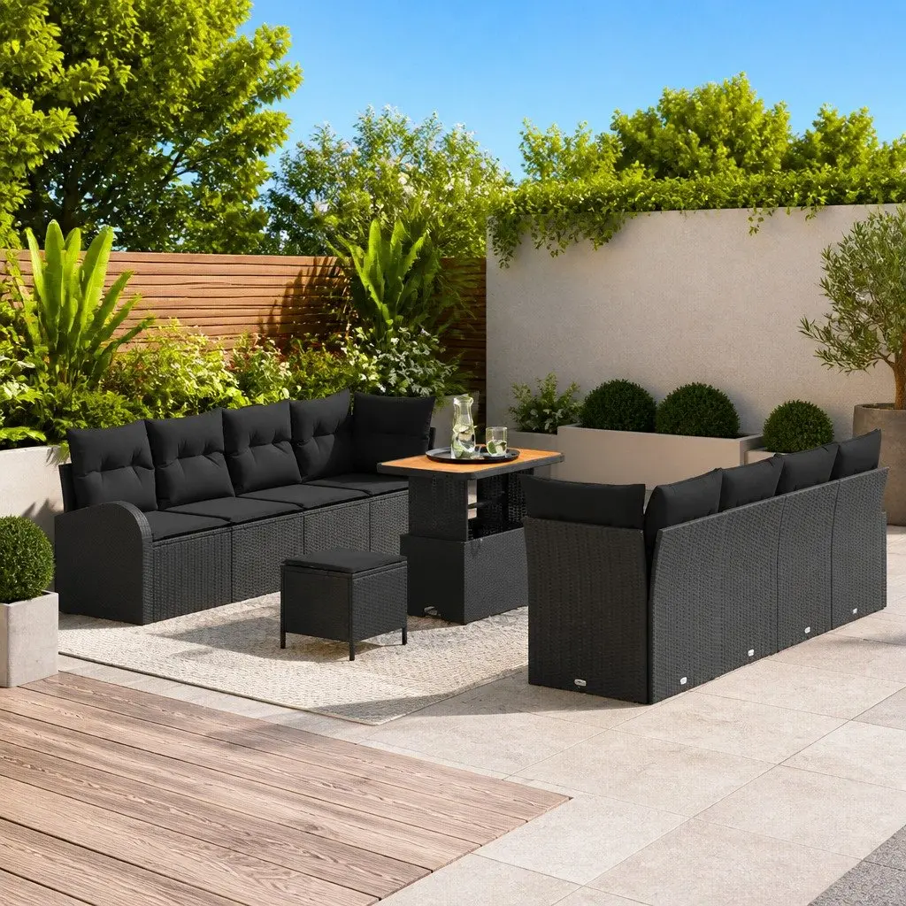 Garden Sofa Set 11 Pieces Black Outdoor Furniture with Cushions Poly Rattan