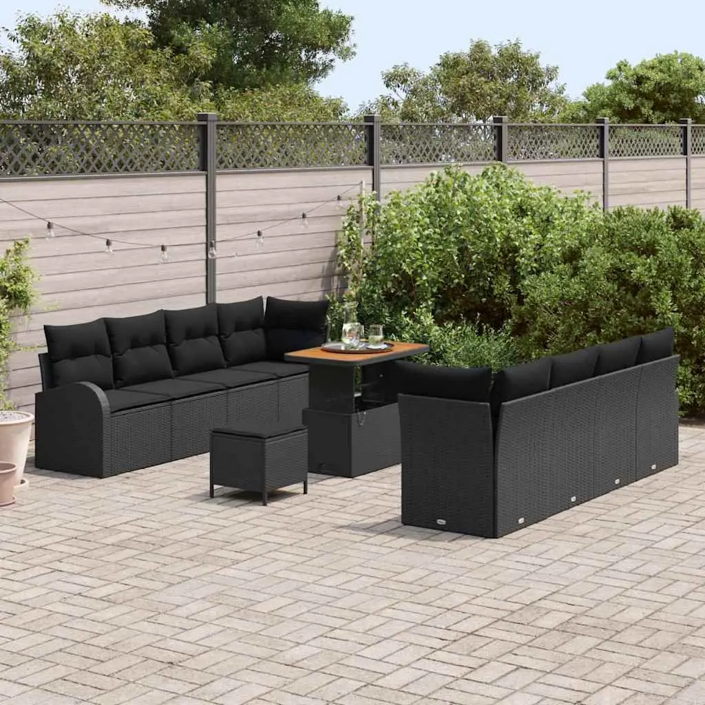 Garden Sofa Set 11 Pieces Black Outdoor Furniture with Cushions Poly Rattan