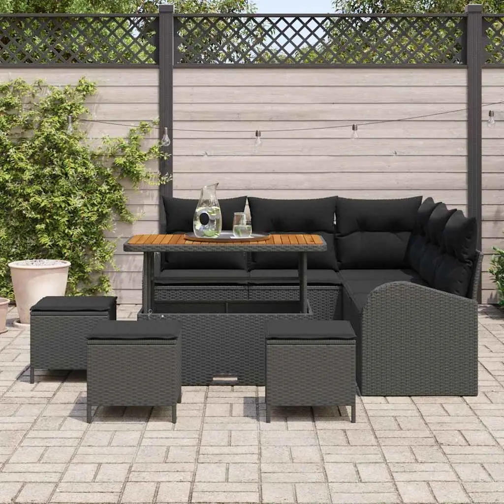 9 Piece Outdoor Lounge Set Modular Black Poly Rattan Garden Sofa with Adjustable Tabletop and Cushions