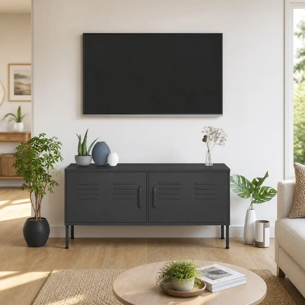 TV Cabinet Anthracite Steel Stand with Doors and Shelves 105W x 35D x 50H cm