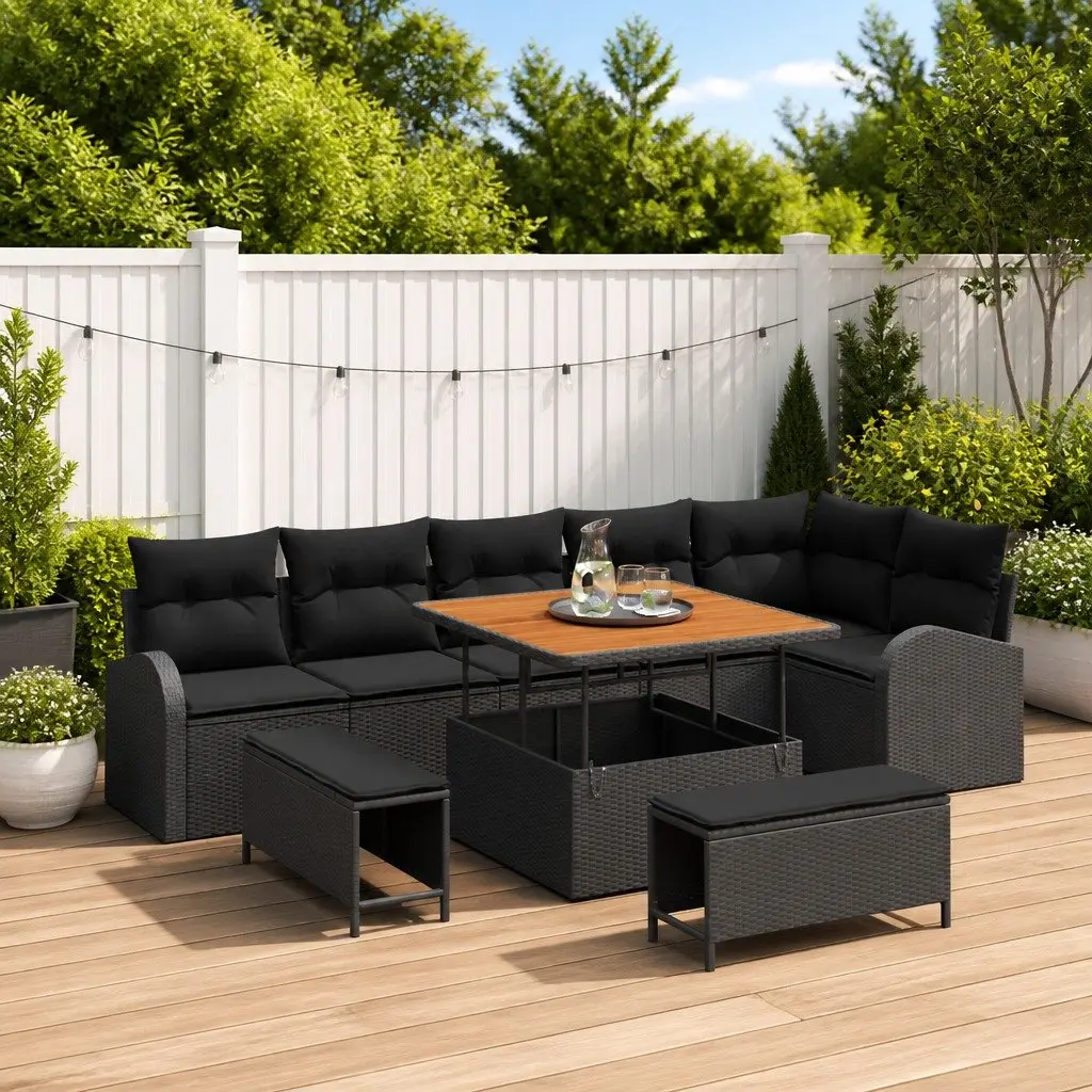9-Piece Black Rattan Garden Sofa Set