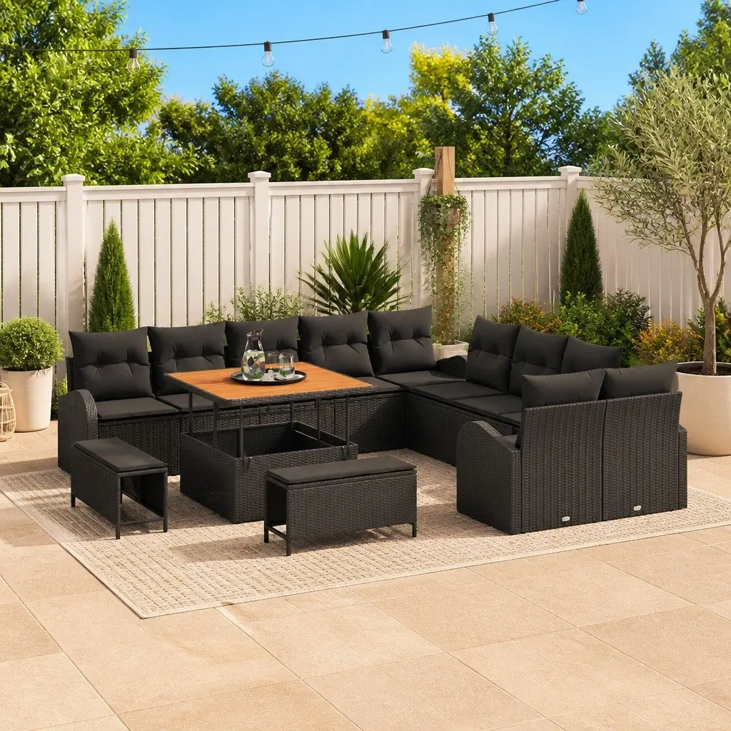 Modular Outdoor Sofa Set 13 Piece Black Poly Rattan Patio Furniture with Height Adjustable Table