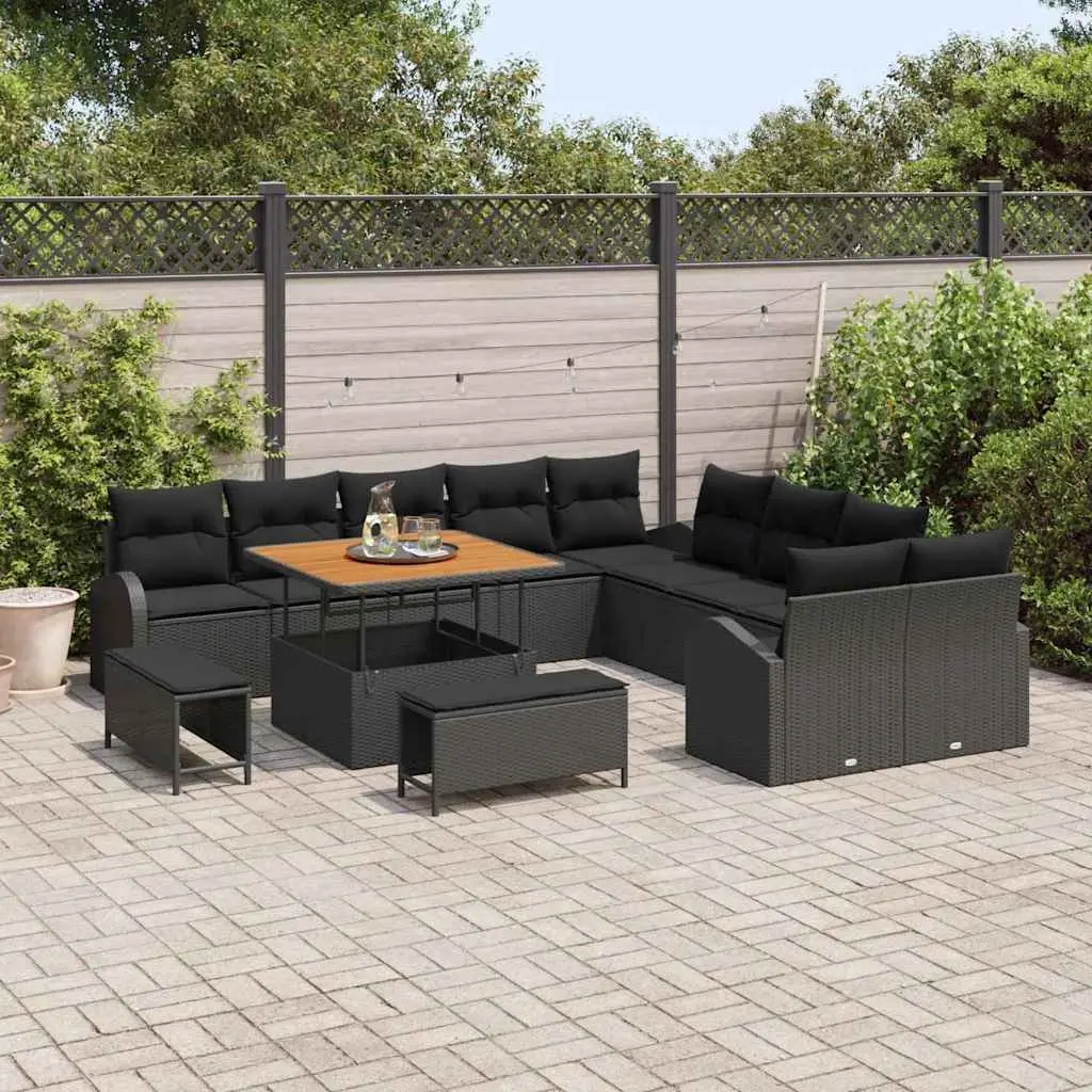Modular Outdoor Sofa Set 13 Piece Black Poly Rattan Patio Furniture with Height Adjustable Table