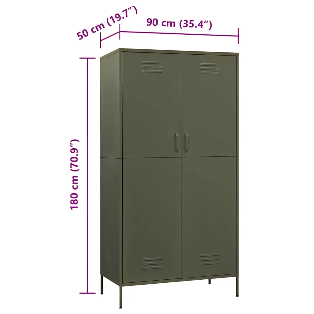 Steel Wardrobe Cupboard Cabinet Adjustable Shelves Hanging Rod Olive Green 90W x 50D x 180H cm