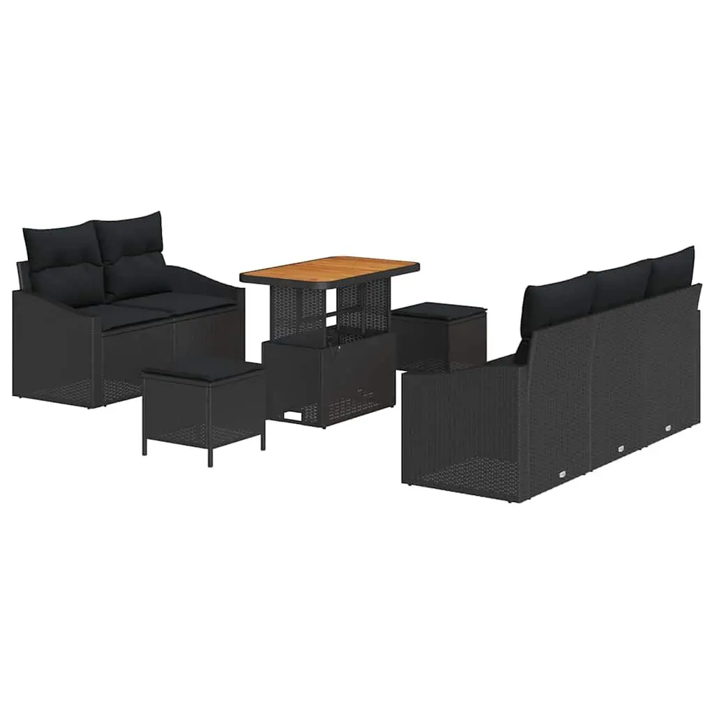 Garden Sofa Set 8pcs Outdoor Furniture Black Poly Rattan Sectional with Cushions