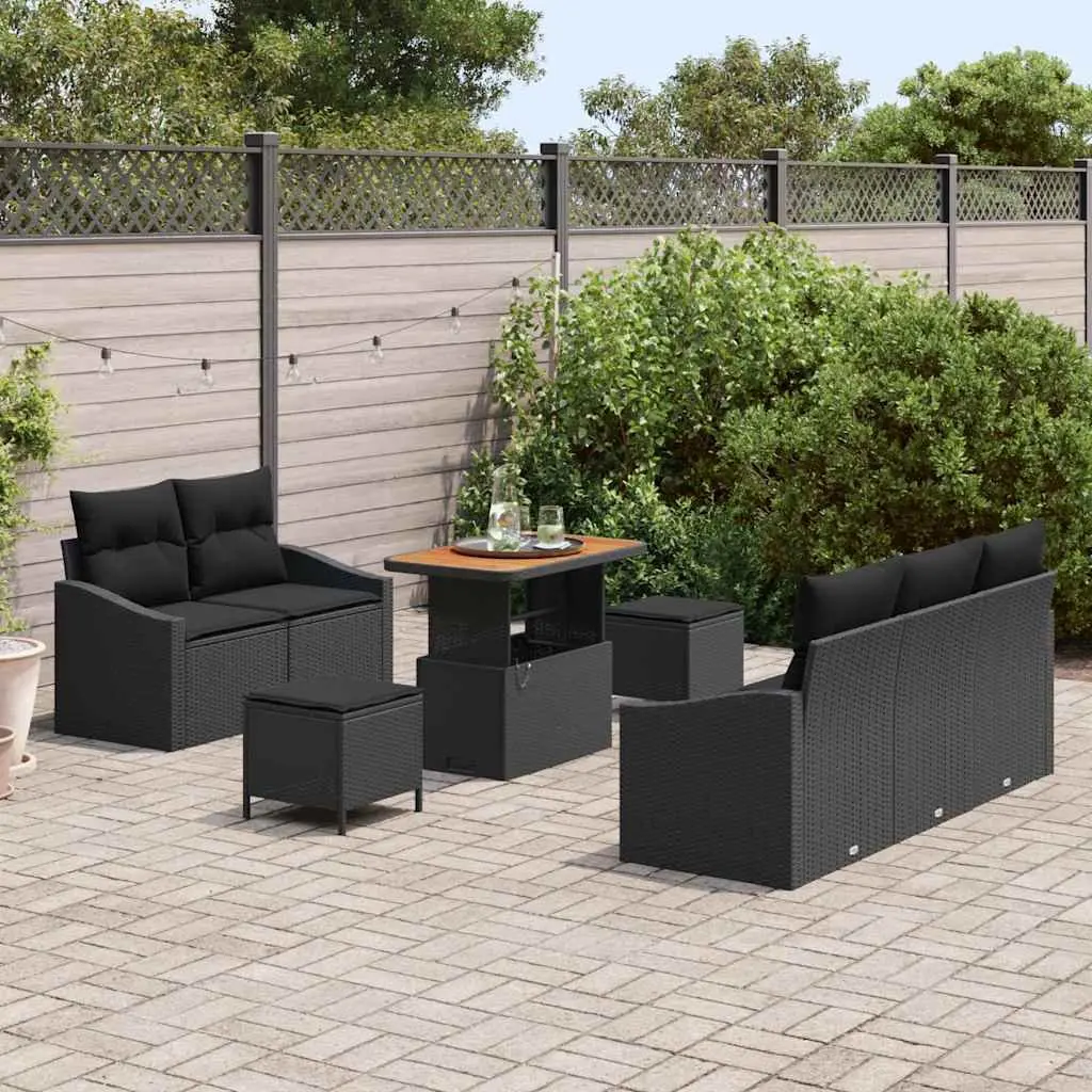 Garden Sofa Set 8pcs Outdoor Furniture Black Poly Rattan Sectional with Cushions
