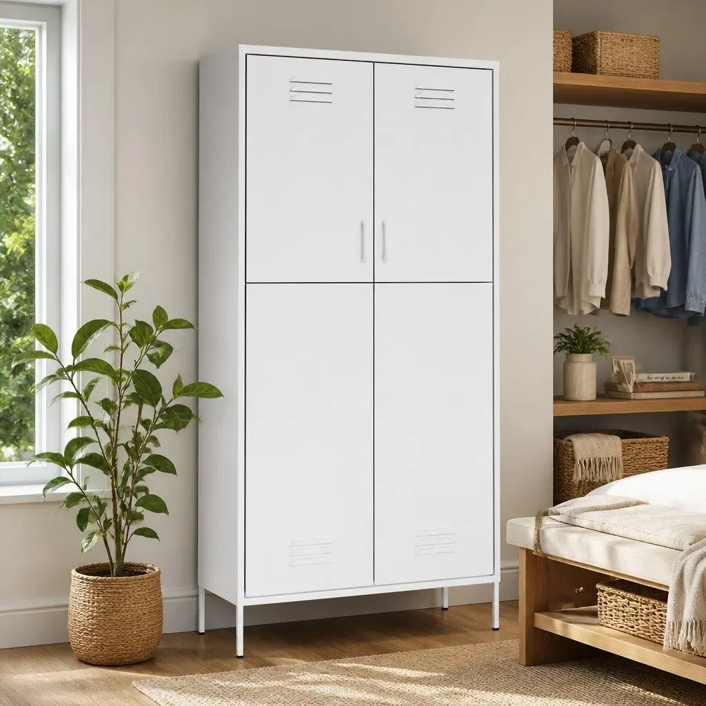 White Steel Wardrobe Cupboard Adjustable Shelves Hanging Rod 90W x 50D x 180H cm