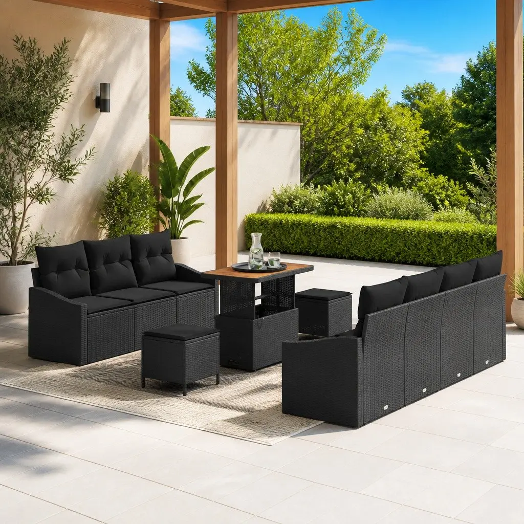 Garden Sofa Set 10 Pieces Outdoor Furniture Black Poly Rattan Modular Patio