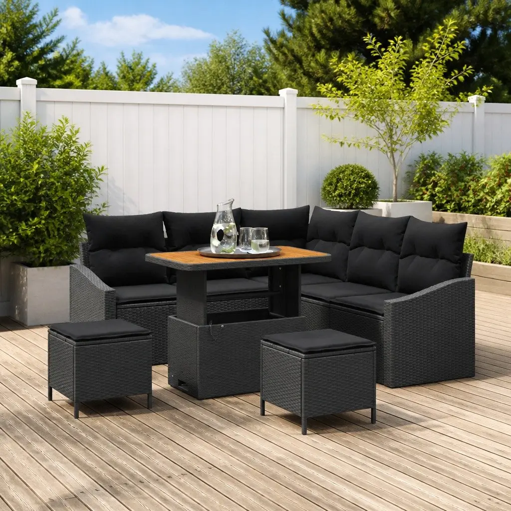Outdoor Garden Sofa Set Modular Black Poly Rattan 8 Pieces with Cushions