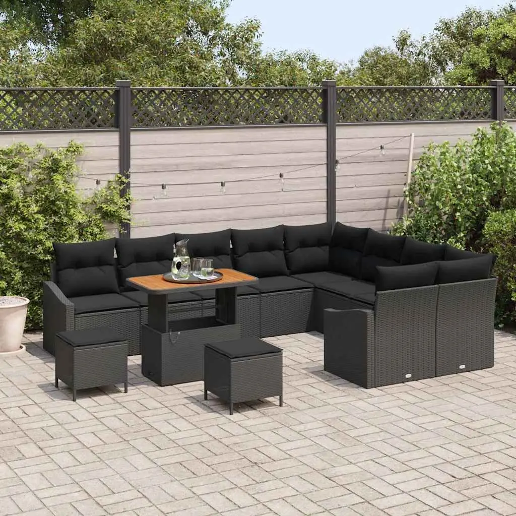 Garden Sofa Set 12 Pieces Outdoor Furniture Black Poly Rattan with Cushions