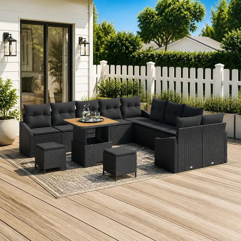 Modular Garden Sofa Set 13 Piece Black Poly Rattan Outdoor Furniture with Cushions