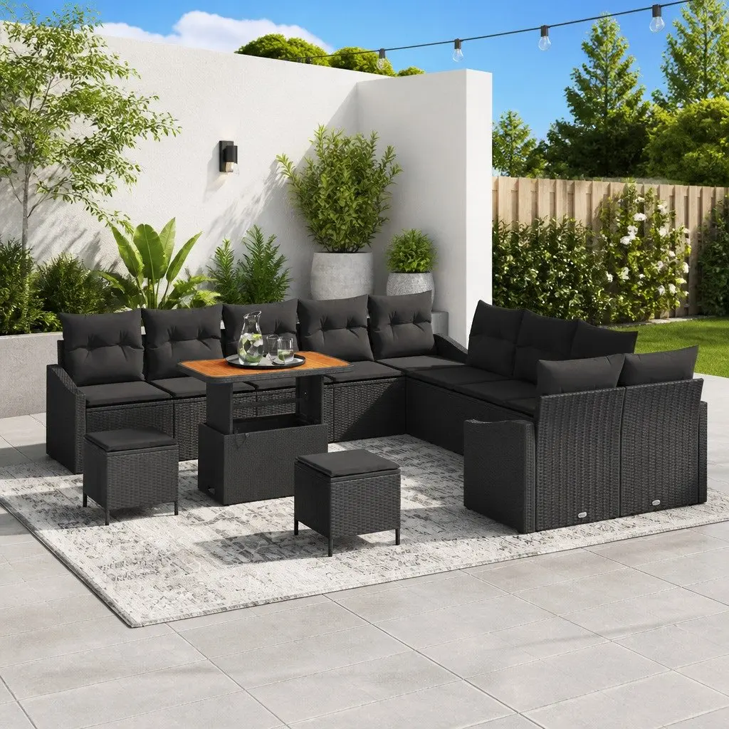 Garden Sofa Set Modular Outdoor Furniture Black Poly Rattan Cushioned 13 Piece