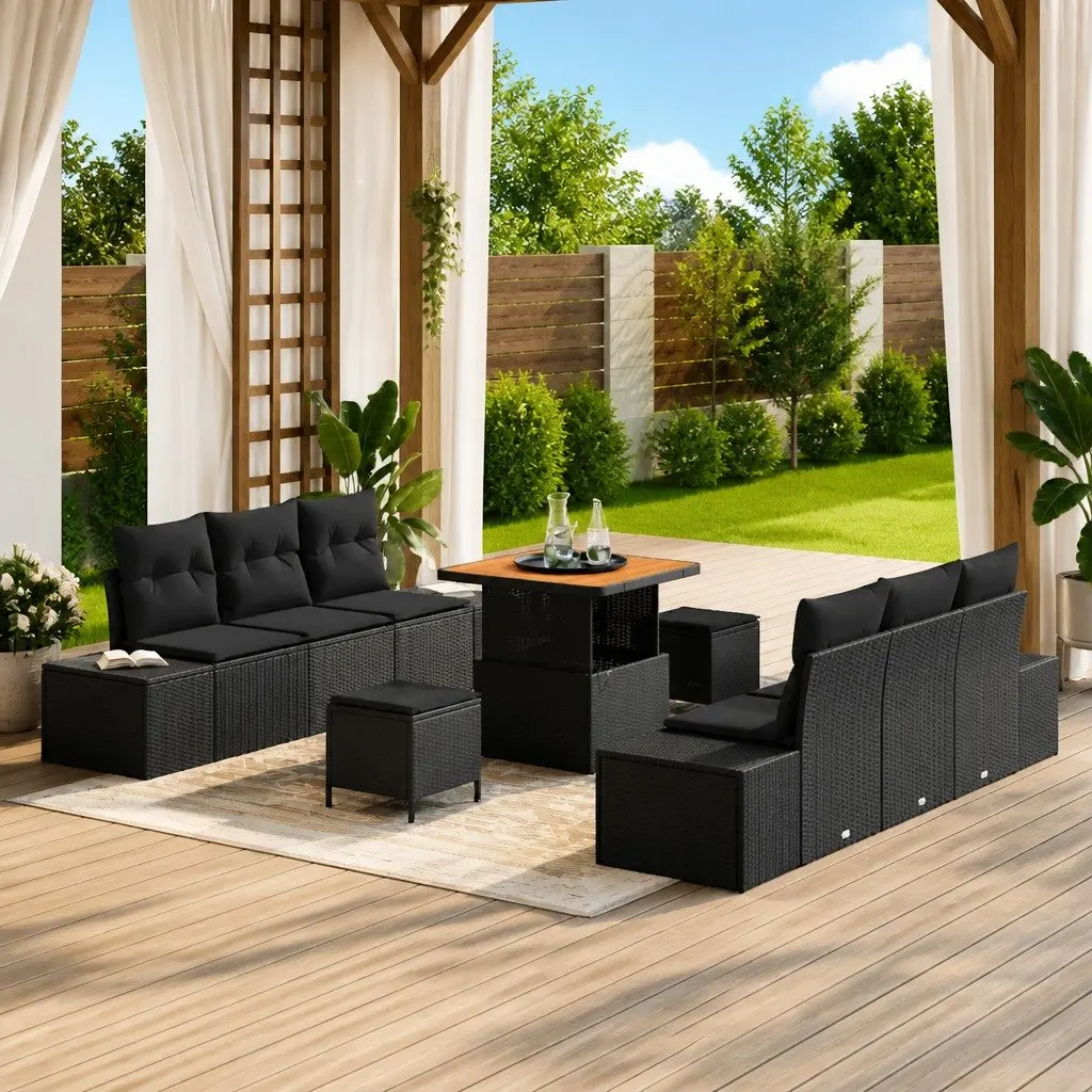 Garden Sofa Set 9pcs Outdoor Furniture Black Poly Rattan Modular Lounge Patio