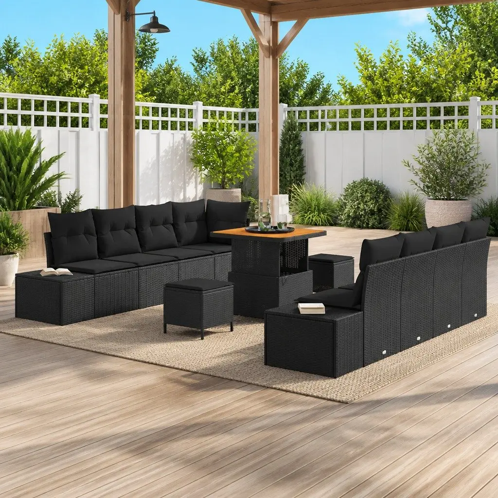 Outdoor Furniture Set 11 Pieces Modern Garden Sofa Black Poly Rattan with Cushions and Height Adjustable Table